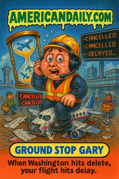 Cartoon trading card showing "Ground Stop Gary," an aviation controller in orange vest tangled in headset cords, sitting on a crashed airplane made of boarding passes, a giant cracked hourglass behind showing falling planes, stranded holiday travellers in a terminal with "CANCELLED" flashing signs; top banner "AMERICANDAILY.COM", bottom nameplate "GROUND STOP GARY" with caption "When Washington hits delete, your flight hits delay."