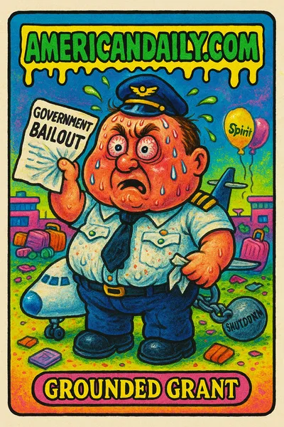 A grotesque airline executive with an oversized head and mismatched eyebrows in disarray, clutching a crumpled bailout letter, surrounded by chaotic airport tarmac scene.