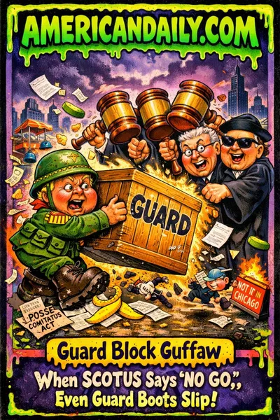 Grotesque cartoon of a Trump-like general in huge boots pushing a crate labeled "GUARD" against a row of justices with giant gavels in front of a chaotic Chicago skyline, slime-dripping AMERICANDAILY.COM banner, humorous legal chaos.