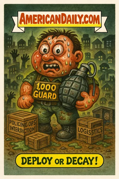 Cartoon 'Guard Grenade Greg' holding a 1,000 Guard grenade, uniform sweaty; Louisiana city skyline crumbles behind; crates of 'Policing Ops', banner 'AMERICANDAILY.COM', caption 'Deploy or Decay!'