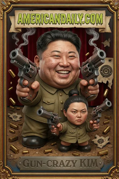 Grotesque caricature of Kim Jong Un and daughter at a shooting range, firing oversized pistols amidst chaos. — 3D version