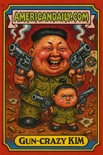 Grotesque caricature of Kim Jong Un and daughter at a shooting range, firing oversized pistols amidst chaos.