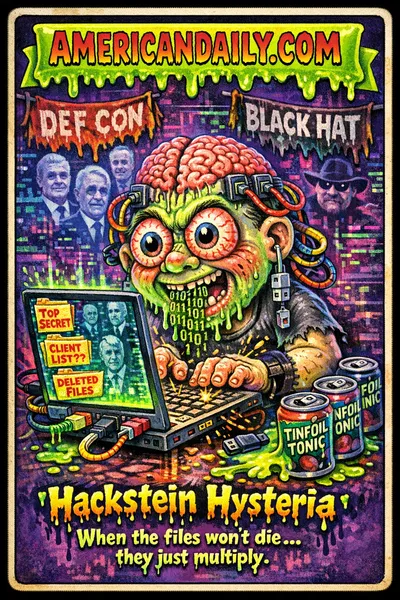 Grotesque cartoon hacker with brain plugged into laptop at a hacker convention, surrounded by glitch effects and conspiracy-themed digital folders, with slime-dripping AMERICANDAILY.COM banner above.