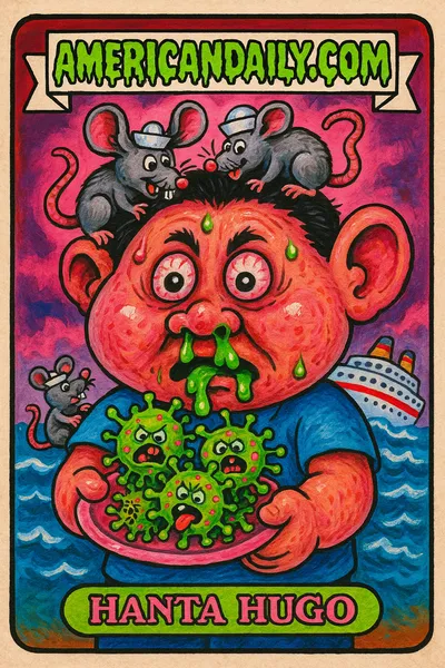 Hanta Hugo, an exaggerated ghastly passenger with rodent ears and germs, comedy-infused with a grimy cruise ship backdrop.