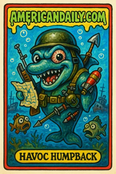 Trading card depicting 'Havoc Humpback,' a grotesque cartoon dolphin in military gear, underwater with fish and shipwrecks.