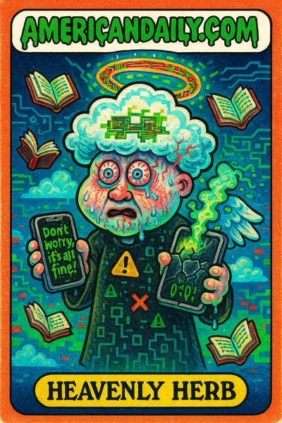 A grotesque digital cleric called 'Heavenly Herb' with a massive cloud-like head, malfunctioning halo, glitchy robe, holding a cracked smartphone in a satirical spin on tech reliance.
