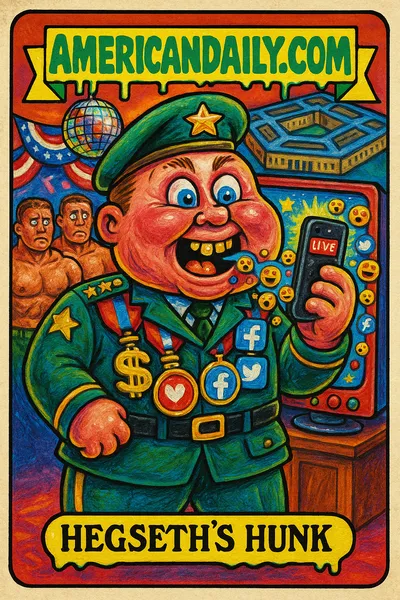 A grotesque reality TV star posing as a military officer, surrounded by confused troops and gaudy TV set elements in a satirical trading card style.