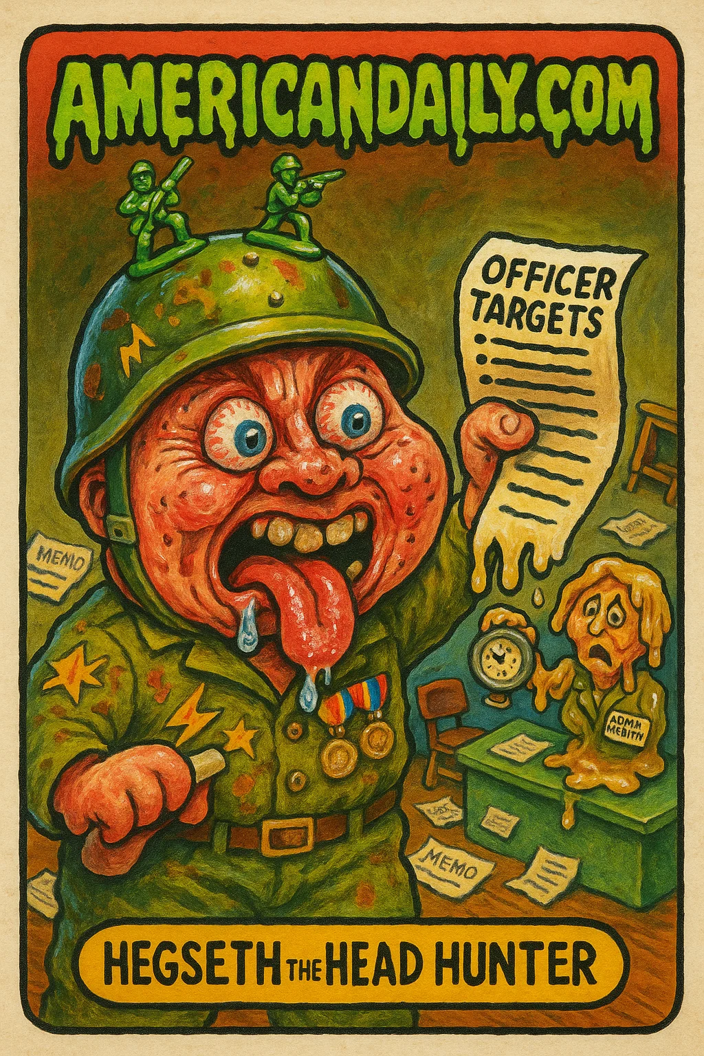 Grotesque army officer caricature, 'Hegseth the Head Hunter', with oversized head, bulging eyes, cartoon list of targets, in chaotic military office.