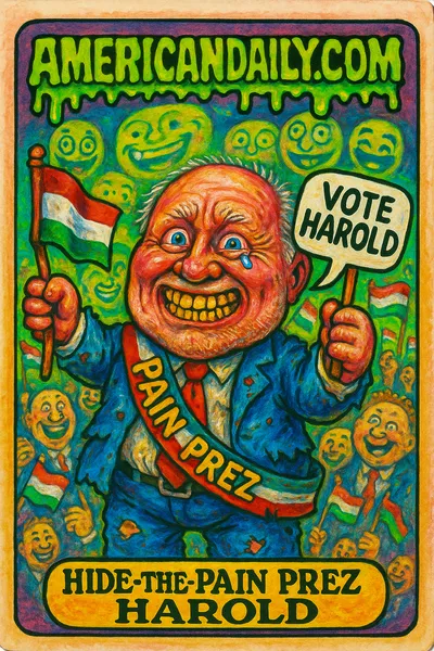 Trading card parody showing 'Hide-the-Pain Prez Harold', an exaggerated caricature of the meme icon in a tattered suit with an awkward grin, among absurd presidential props.
