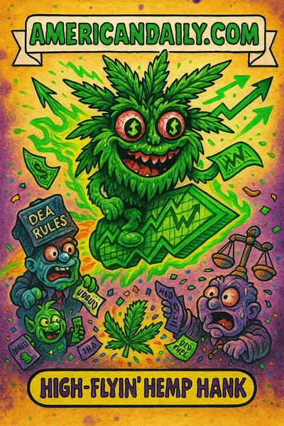 Grotesque cartoon cannabis plant monster riding a rocket made of stock charts, blasting off amid green flames as bureaucratic government blockers are left choking on legal scrolls - a satirical take on cannabis stocks surging with reports Trump may ease federal marijuana rules.