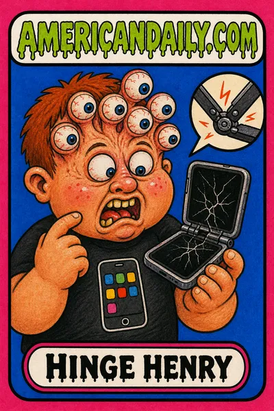 A grotesque cartoon kid with extra bulging eyes anxiously examines a cracked folding iPhone Duo beside a magnified hinge diagram.