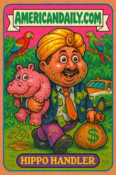 A grotesque caricature of an Indian tycoon holding an inflatable hippo, adorned in an oversized golden turban, surrounded by a Colombian jungle.