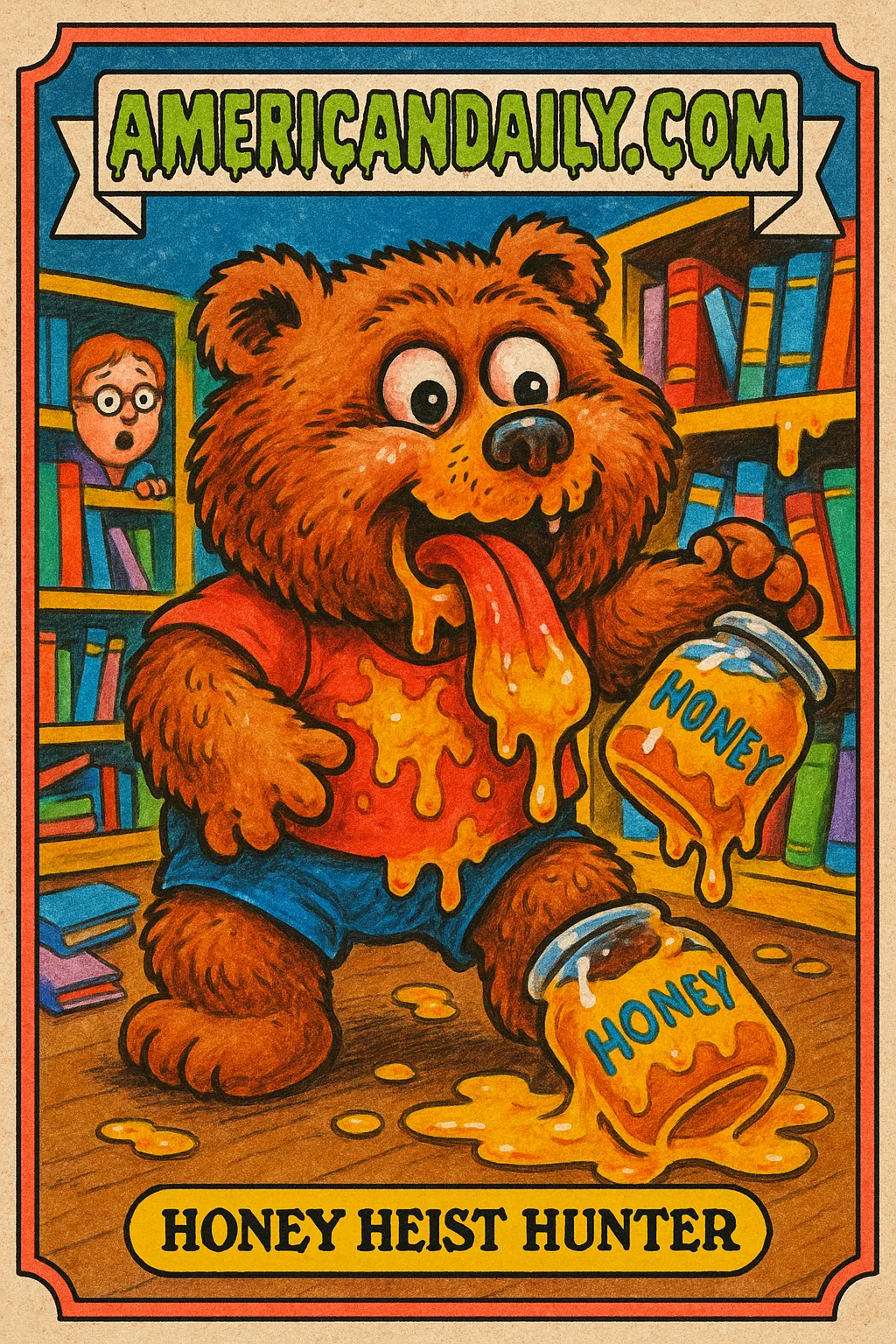 A grotesquely exaggerated bear steals honey jars from a messy library shelf, eyes wide and cross-eyed. The comical chaos, with a shocked librarian peeking in the background.