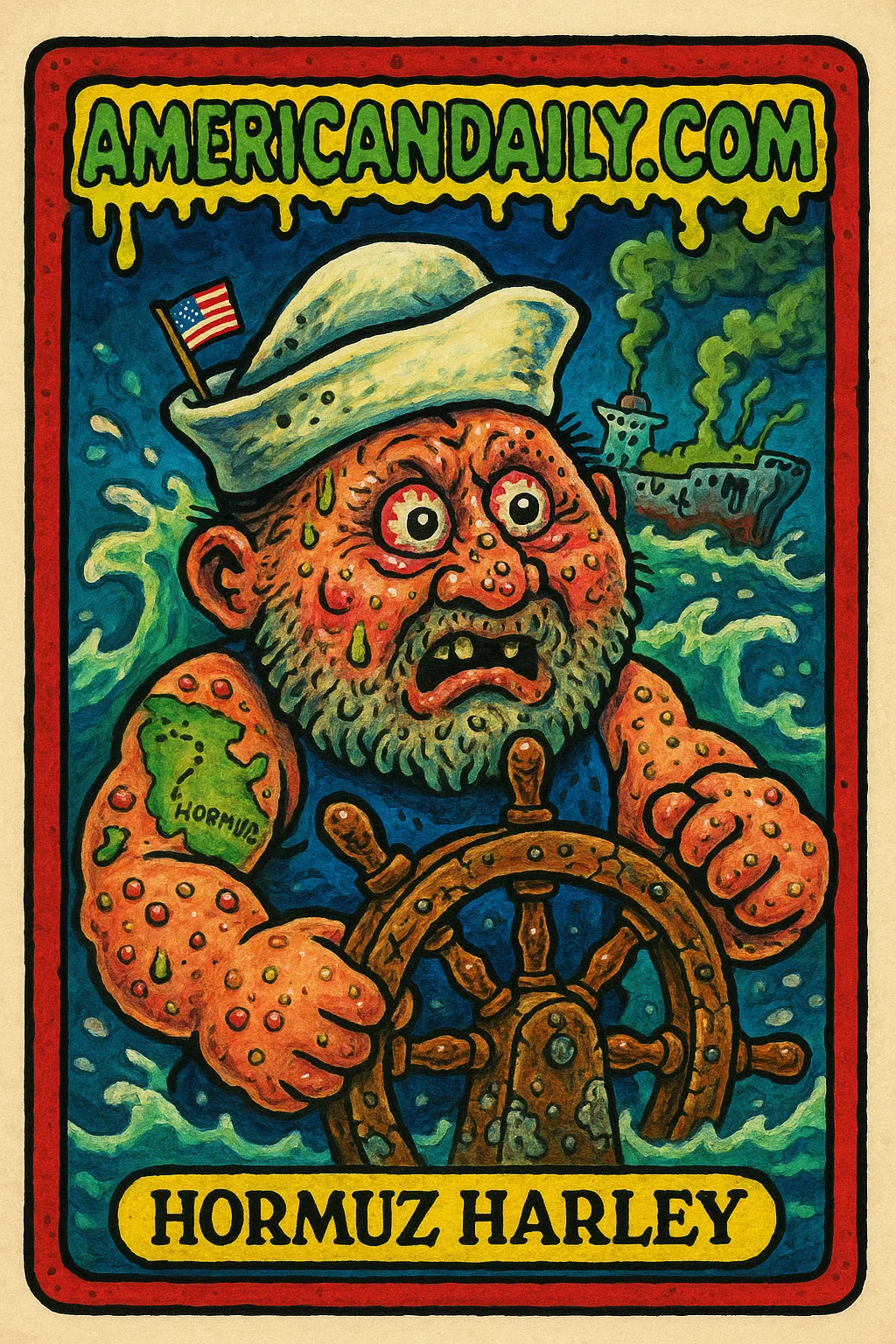 A grotesque caricature of a sailor named Hormuz Harley steering a barnacle-covered wheel amidst chaotic seas and a leaking oil tanker.