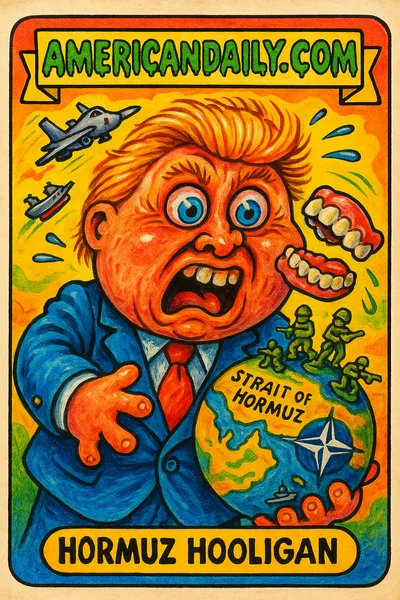 Cartoon of 'Strait-Jacket Trump' with exaggerated features, holding a NATO-emblemed globe and toy soldiers, chaotic Middle East Strait backdrop.