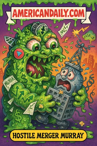 A grotesque cartoon creature made of film reels, streaming icons, and dollar signs tries to devour a panicked TV-tower monster in a parody of a corporate hostile takeover, styled like a Garbage Pail Kids trading card.