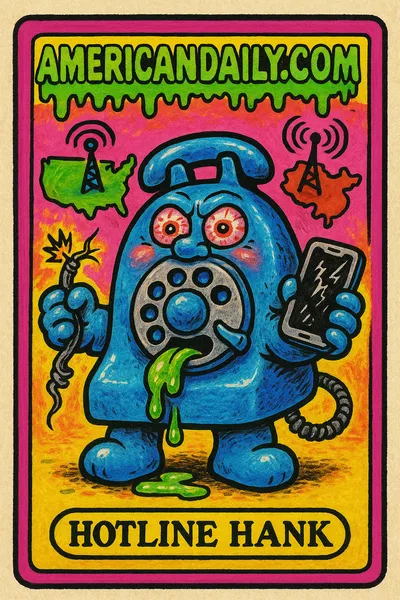 A trading card featuring 'Hotline Hank', an anthropomorphized grotesque telephone representing the US and China AI hotline.