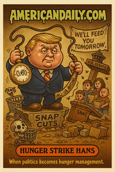 Cartoon trading card depicting a caricature named "Hunger Strike Hans" standing on a cracked "SNAP Cuts" platform, holding a giant stopwatch labelled "0:00" and a whip marked "All-or-Nothing", surrounded by skeletal grocery carts and anxious families with empty food-boxes, backdrop of a collapsed Senate podium with banner "We'll Feed You Tomorrow", top banner "AMERICANDAILY.COM", bottom nameplate "HUNGER STRIKE HANS" with caption "When politics becomes hunger management."