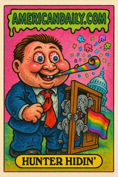 A satirical trading card titled 'Hunter Hidin'' depicting Hunter Biden as a grotesque cartoon with oversized head, contorted grin, holding a horn and open closet door with masked figures, a rainbow flag, and a deflated Capitol backdrop.
