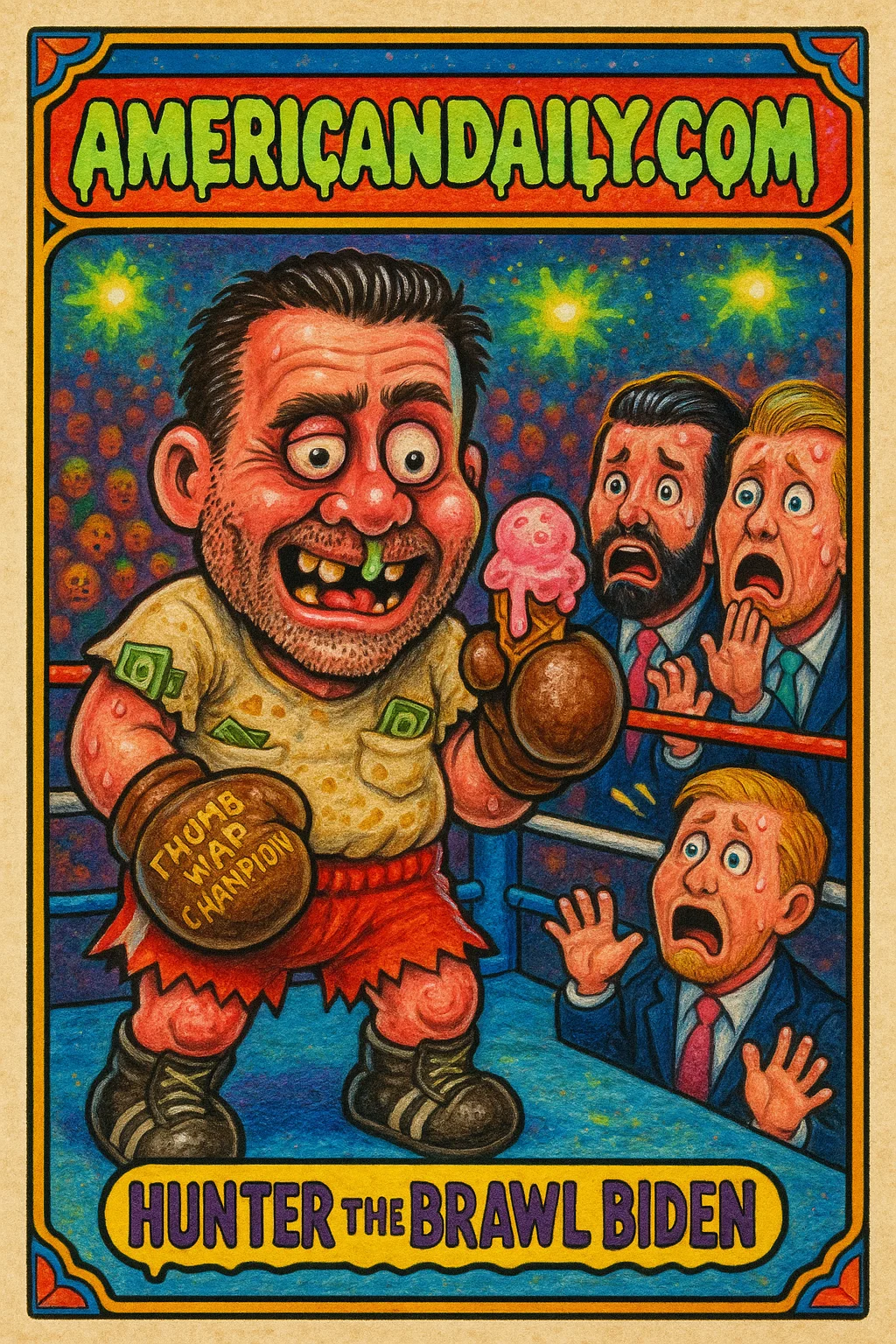 A satirical trading card depicting Hunter Biden as a grotesque wrestler in a cartoonish cage match scene with exaggerated features.
