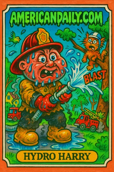 A grotesque firefighter spraying a powerful hose at a tree, ejecting a terrified cat. Chaotic, cartoonish scene with a retro trading card style.