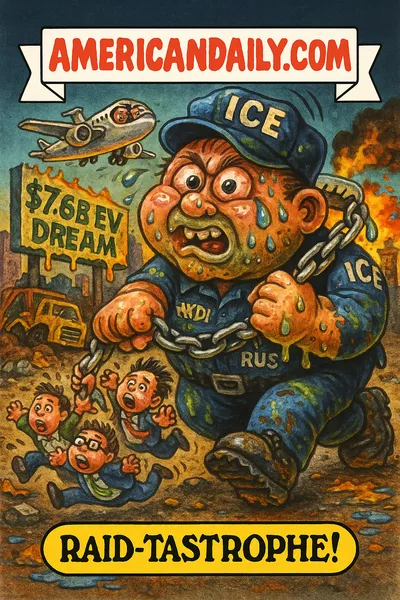Cartoon meme of Hyundai Havoc Hank, a frantic ICE agent with bulging eyes and a chain labeled 'Raids R Us,' dragging terrified workers away from a crumbling Hyundai-LG EV plant sign reading '$7.6B EV Dream.' A small charter plane labeled 'Charter Home' flies overhead.