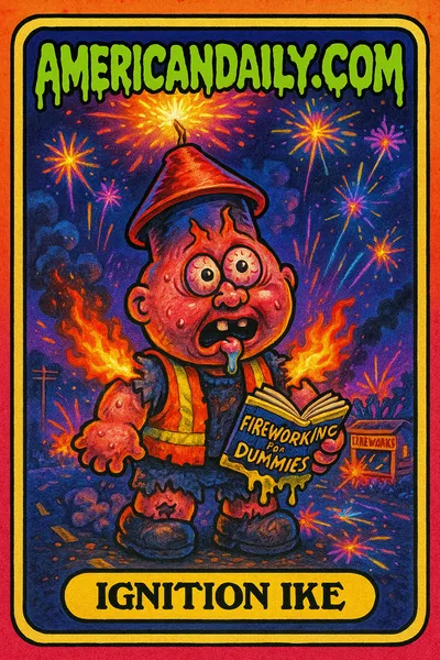 Grotesque character Ignition Ike stands amid firework chaos, head like a lit firecracker, smoke and flames surround him on a dark highway.