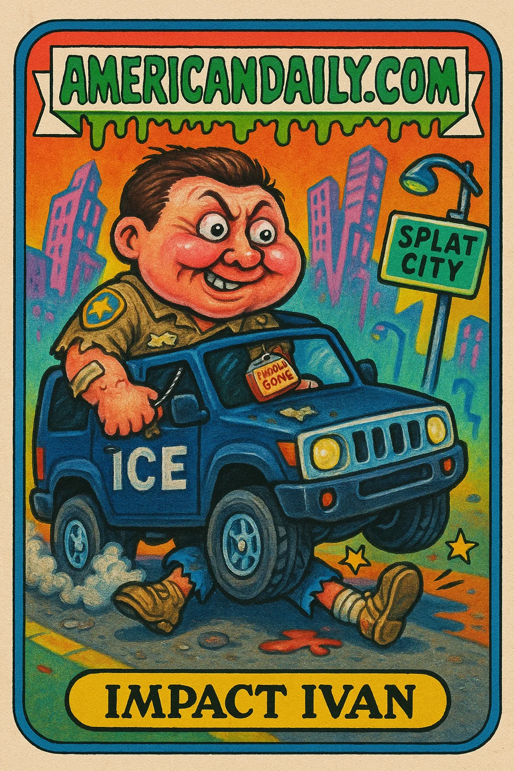 A grotesque Garbage Pail Kids-style card illustrating 'Impact Ivan,' a caricatured ICE agent inside a skid-marking SUV with exaggerated features and props.