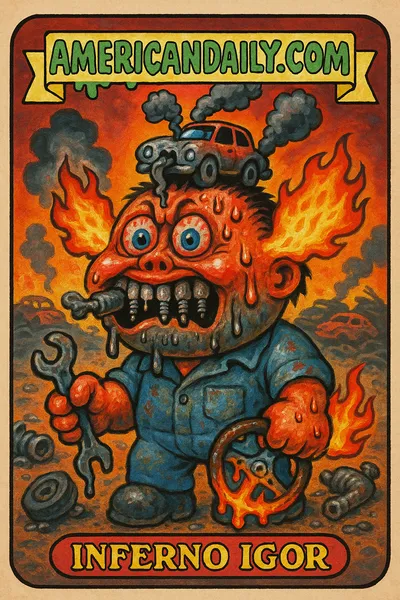 A grotesque character with a burning car grill head amidst a junkyard, embodying the chaos of cars being recalled for spontaneously combusting.