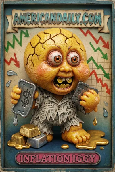 Trading card of Inflation Iggy, a grotesque character with a balloon head, gold coin teeth, and melting market symbols. — 3D version