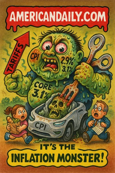 Cartoon meme of Inflation Monster Itch, a bloated green monster with 'CPI +2.9%' on its cheek and a fork labeled 'Core 3.1%.' The creature scratches itself while tiny consumers flee holding groceries and bills. Banner reads 'AMERICANDAILY.COM.'