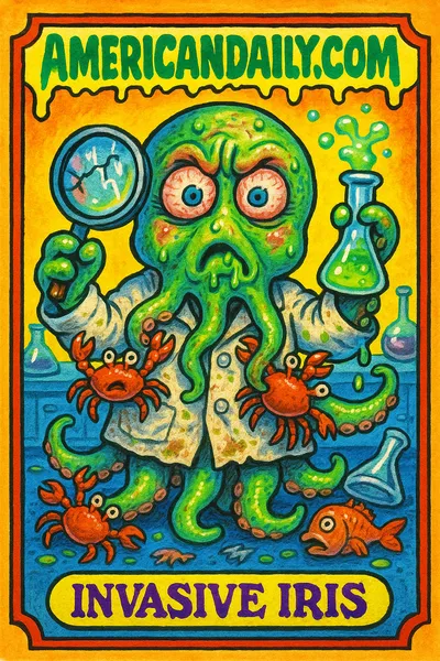 A grotesque octopus named 'Invasive Iris' in a stained lab coat, surrounded by chaotic lab details and scampering crabs, in vibrant and exaggerated cartoon style.