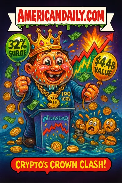 Cartoon character IPO Idol Gemini with crown and gold, holding '32% Surge' and '$4.4B Value' balloons, coins and charts behind, banner 'AMERICANDAILY.COM', caption 'Crypto's Crown Clash!