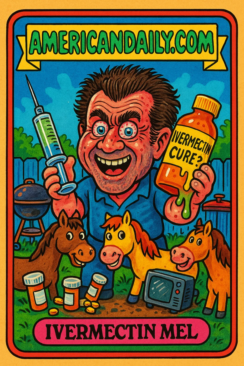 A grotesque caricature of Mel Gibson holding Ivermectin, surrounded by cartoon horses, in a chaotic backyard setting with vivid colors and exaggerated features.