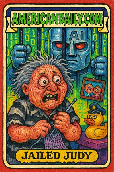 A grotesque trading card of 'Jailed Judy' - an elderly woman comically trapped by a giant AI robot. Her distressed face contrasts the absurd backdrop of a digital prison scene.