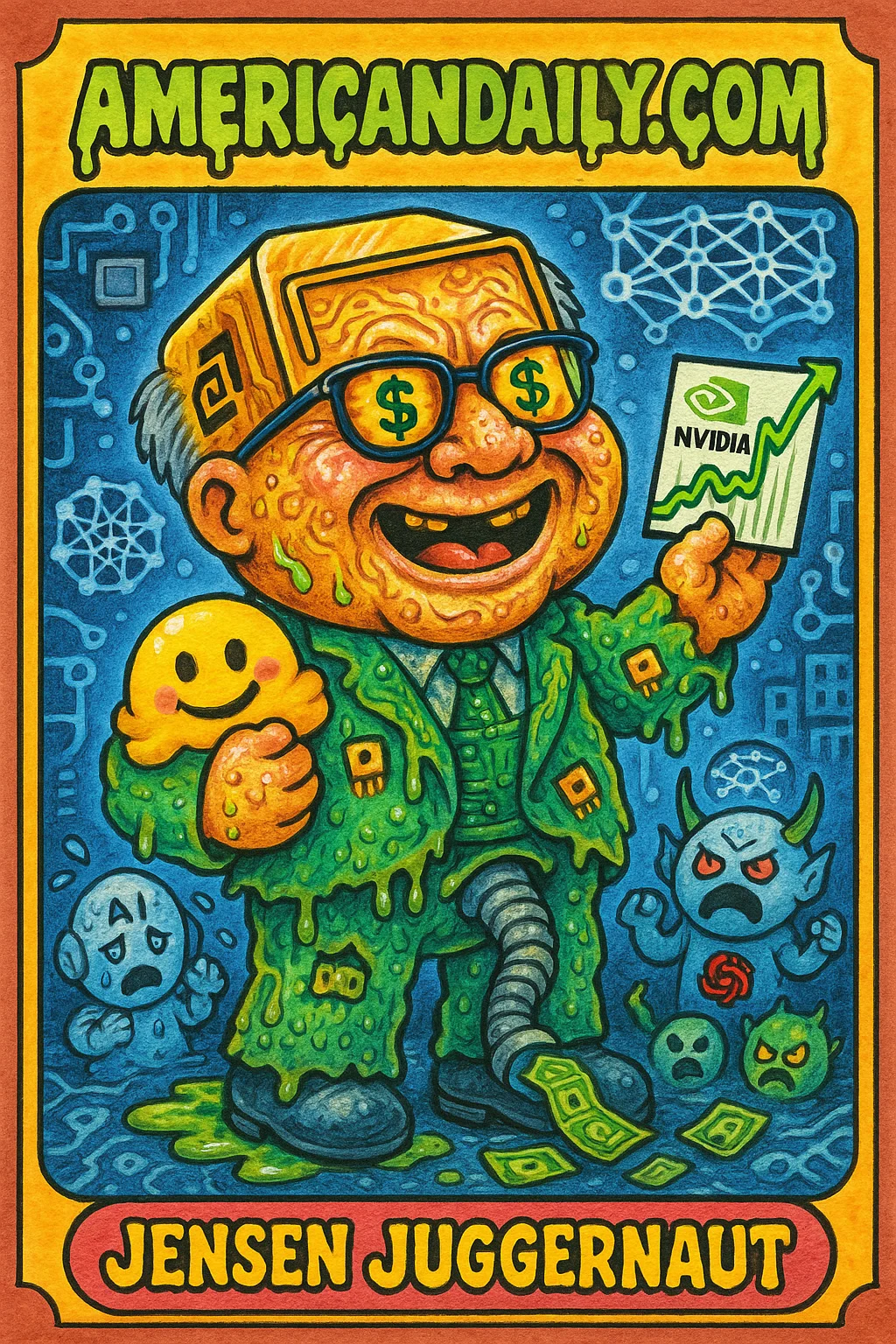 A grotesque caricature of Jensen Huang with a GPU head, bulging dollar-sign eyes, and an anthropomorphic Hugging Face logo hugging him, amidst AI-themed chaos.