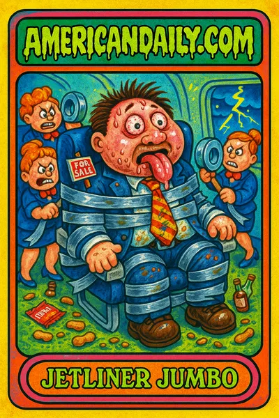 A caricature of a duct-taped real estate agent on a plane, with flight attendants holding duct tape rolls in a stormy scene.