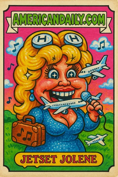 A grotesque caricature trading card of Dolly Parton as a runway, planes diving towards her massive smile, set in a colorful whimsical airport scene.