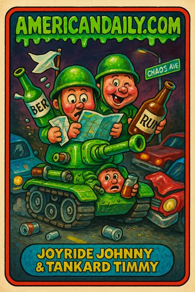 A cartoonish illustration of two drunken soldiers in a damaged armored vehicle crashing into cars, beer bottles as turret guns.