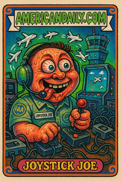 A grotesque air traffic controller with arcade terminals for managing planes, vividly exaggerated features, neon colors, and an oversized head.