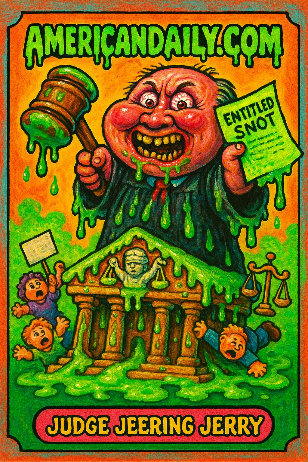 A Garbage Pail Kids-style illustration of 'Judge Jeering Jerry,' a grotesque judge with an oversized head and gavel, dripping with slime in a chaotic, satirical courtroom scene.
