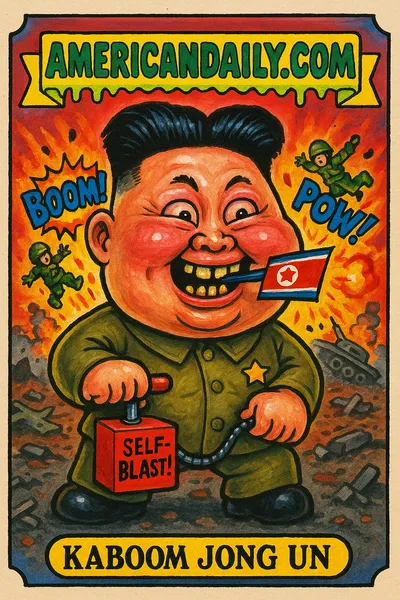 Grotesque cartoon of Kim Jong Un with large head, bulging eyes, and rotting teeth, holding a TNT detonator labeled 'Self-Blast!' amid cartoon explosions and flying toy soldiers.