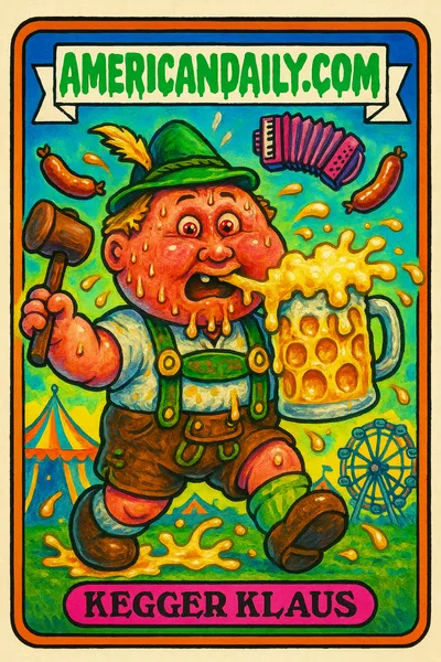 Garbage Pail Kids-style card of 'Kegger Klaus', an exaggerated Bavarian mayor at Oktoberfest with giant stein and flying sausages.