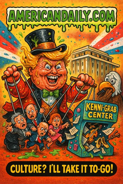 Grotesque Garbage Pail Kids-style cartoon of Trump as a monstrous ringmaster hijacking the Kennedy Center, stuffing puppet-like board members into a giant marionette control machine labeled "Kenni-Grab Center," with slime-dripping AMERICANDAILY.COM banner above.