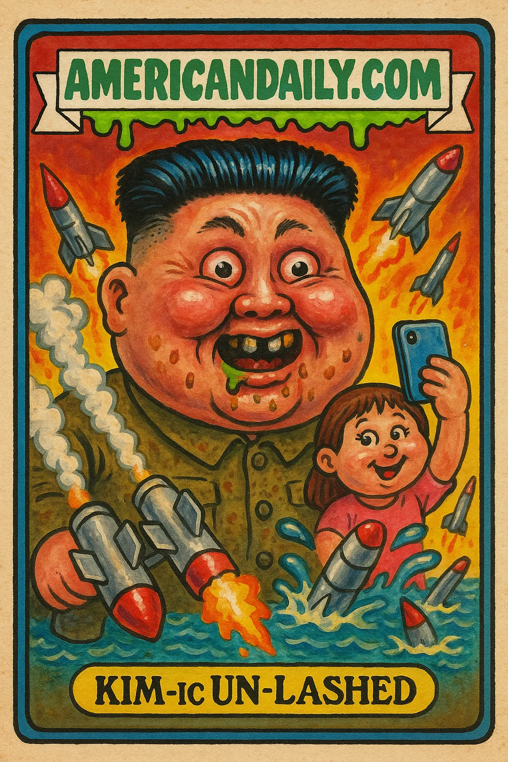 Kim Jong Un with an oversized head, smug expression, surrounded by chaotic rocket launchers, his daughter taking selfies; exaggerated sea setting.
