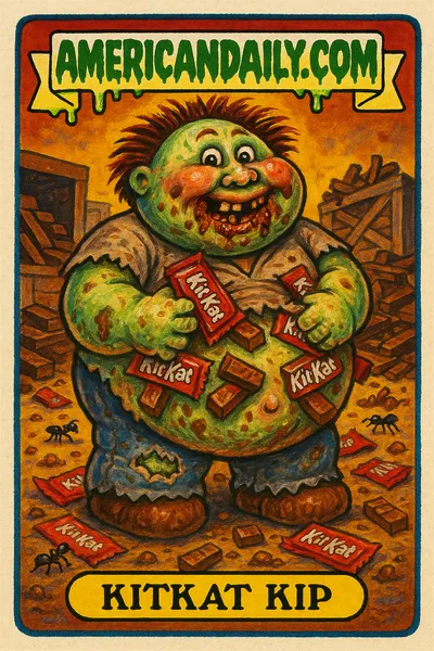 A grotesque, chocolate-smeared character named 'KitKat Kip' with an oversized belly full of KitKats, surrounded by candy wrappers and a trashed warehouse background.