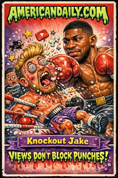 Grotesque cartoon boxing card showing Anthony Joshua knocking out Jake Paul in a dramatic sixth-round punch, with exaggerated facial expressions, slime-style text, and a satirical trading card design.