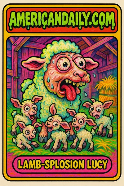 Grotesque sheep with six mutated lambs in a warped barn setting, exaggerated features and neon colors illustrate the chaos of unexpected sextuplets.