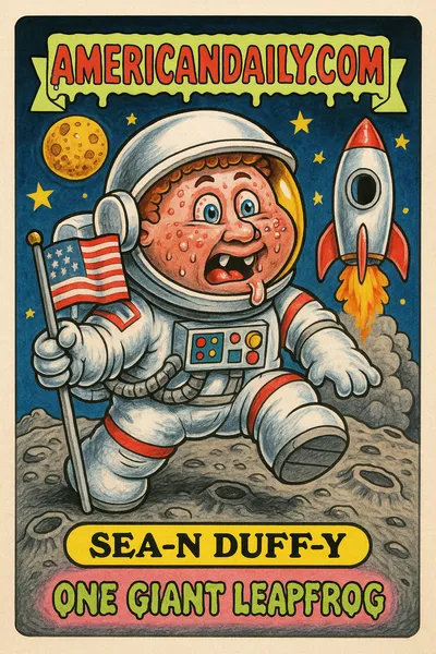 Cartoon trading-card style illustration of a fumbling rocket/lander hybrid ("Lander Laggard Larry") stuck in a moon crater with contract papers flying, rival rocket in background, slime-dripping banner "AMERICANDAILY.COM" at top and melting-text caption at bottom.