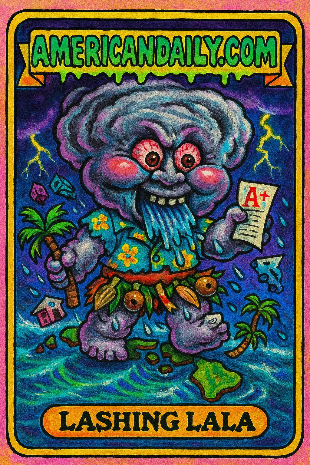 A grotesque, monstrous storm cloud character, 'Lashing Lala', wreaking havoc in a Garbage Pail Kids parody card. Chaos with water torrents and swirling debris.
